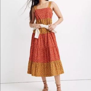 Madewell Button-Back Tiered Midi Dress in Colorblock Calico